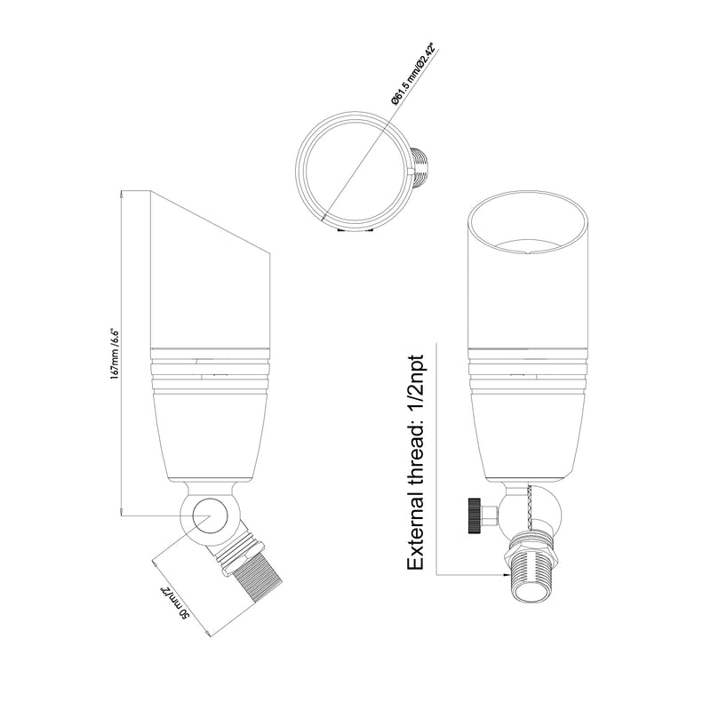 Dimension drawing of AL02A Outdoor Aluminum MR16 Up Light