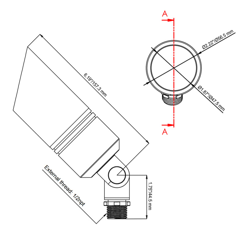 Dimension drawing of AL05B Outdoor Brass MR16 Up Light